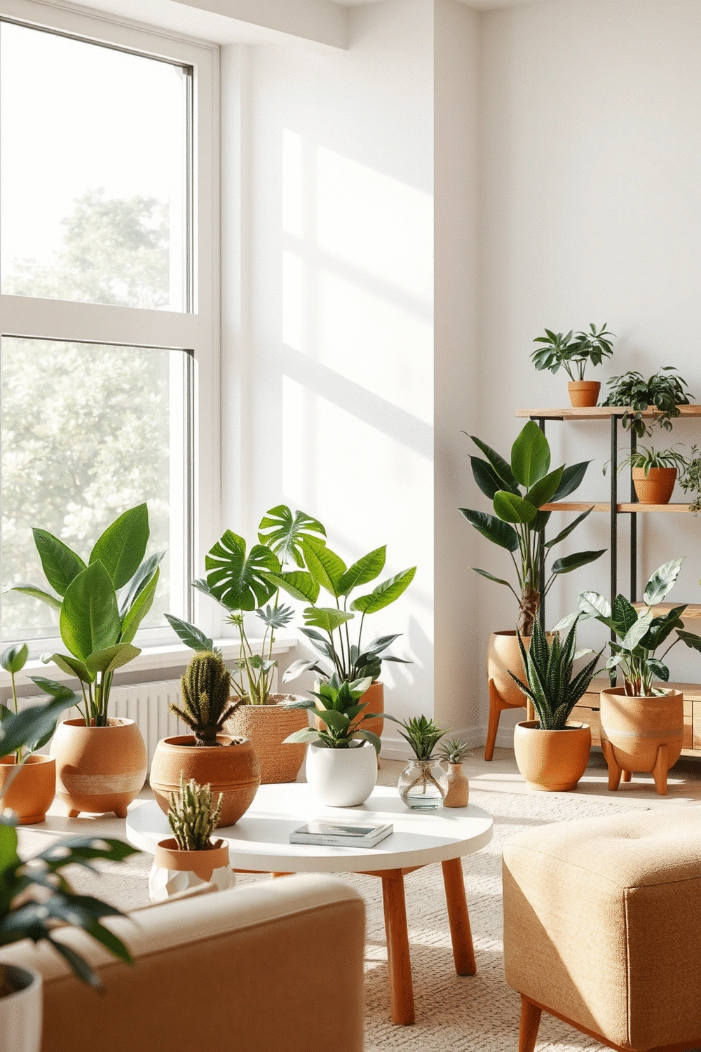 A modern living room with various indoor plants in stylish pots, creating a serene and welcoming atmosphere.
