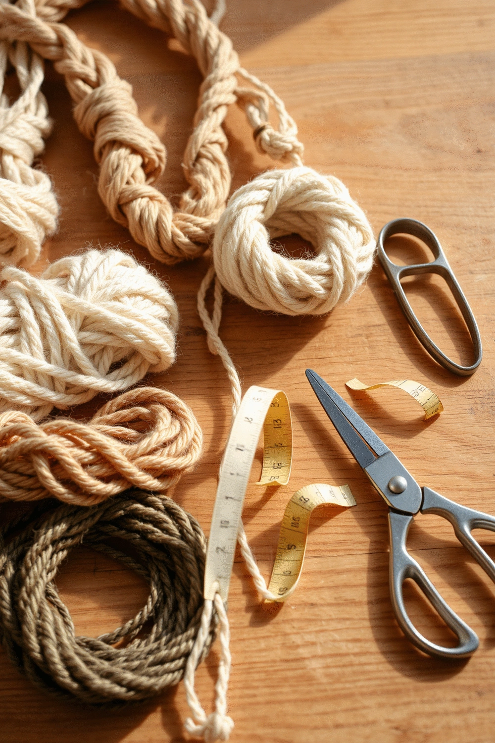 Assortment of macrame cords in cotton, jute, and hemp, with scissors and a tape measure on a wooden surface