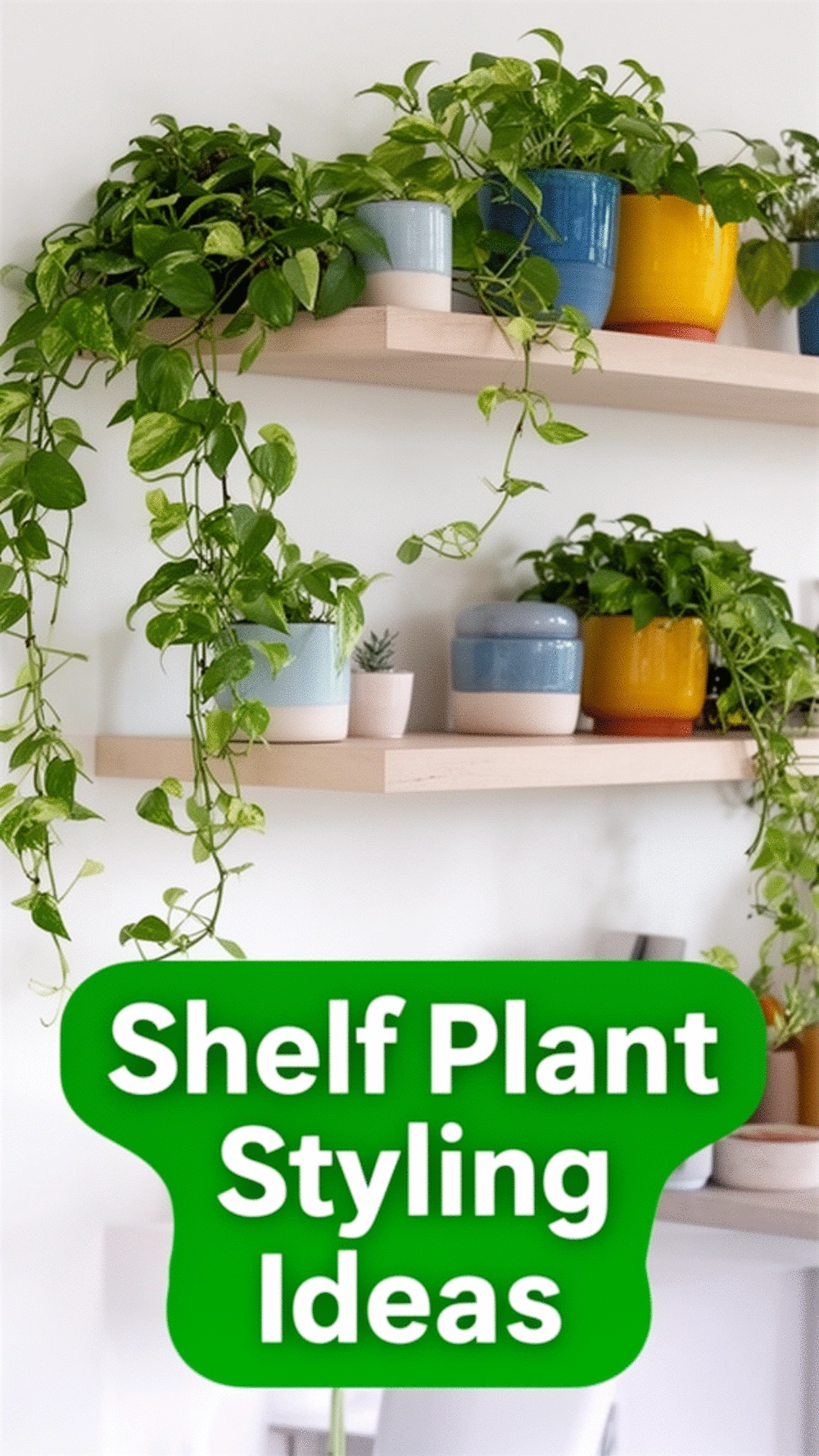 Living Room Floating Shelves Styled with Trailing Pothos and Ceramics