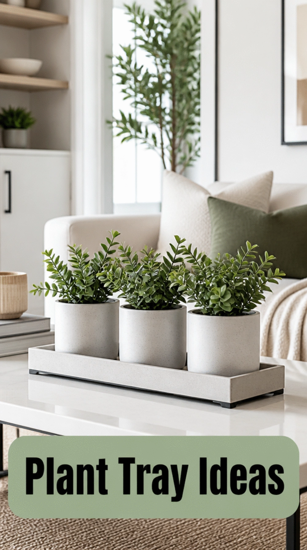 Minimal Living Room Plant Tray That Groups Three Identical Pots in a Clean Row