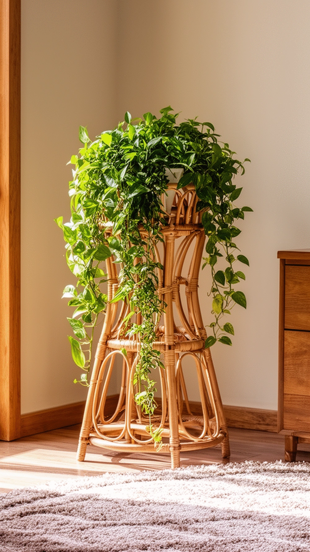 Rattan Plant Stand That Adds Warmth to a Cozy Neutral Living Room Corner