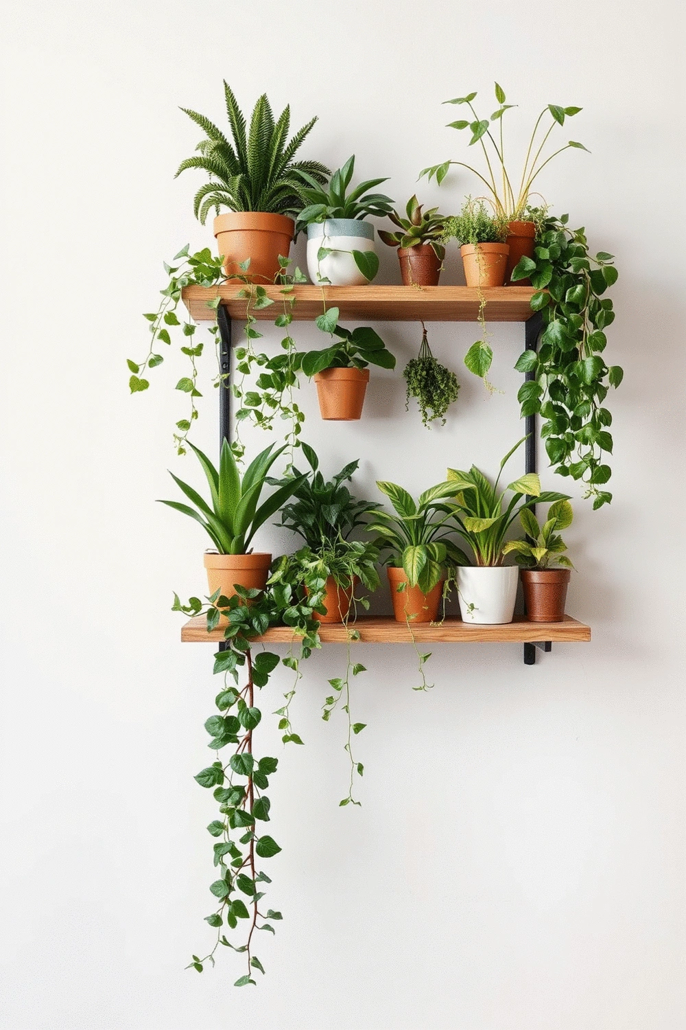 An elegantly designed plant shelf adorned with various hanging plants and potted greenery, showcasing vertical space utilization in a modern interior.