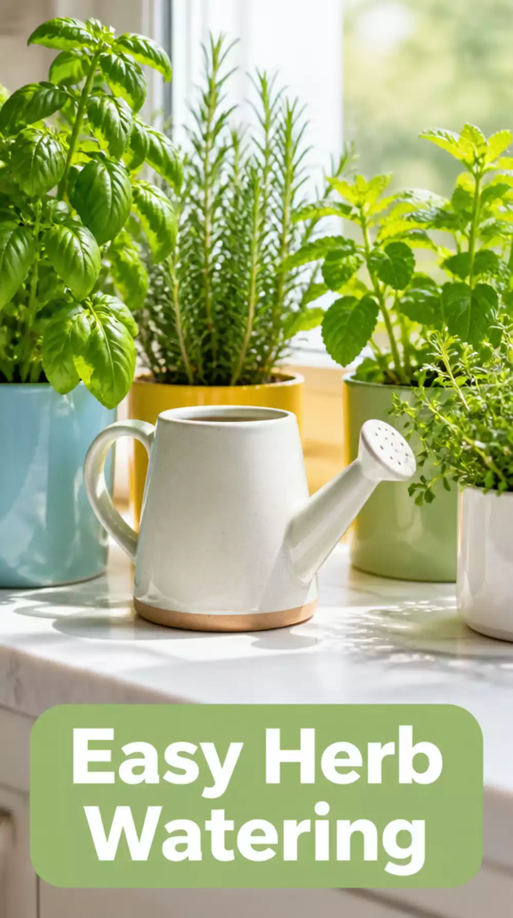 Kitchen Herb Watering Can in a Small Ceramic Form That Sits on the Window Sill