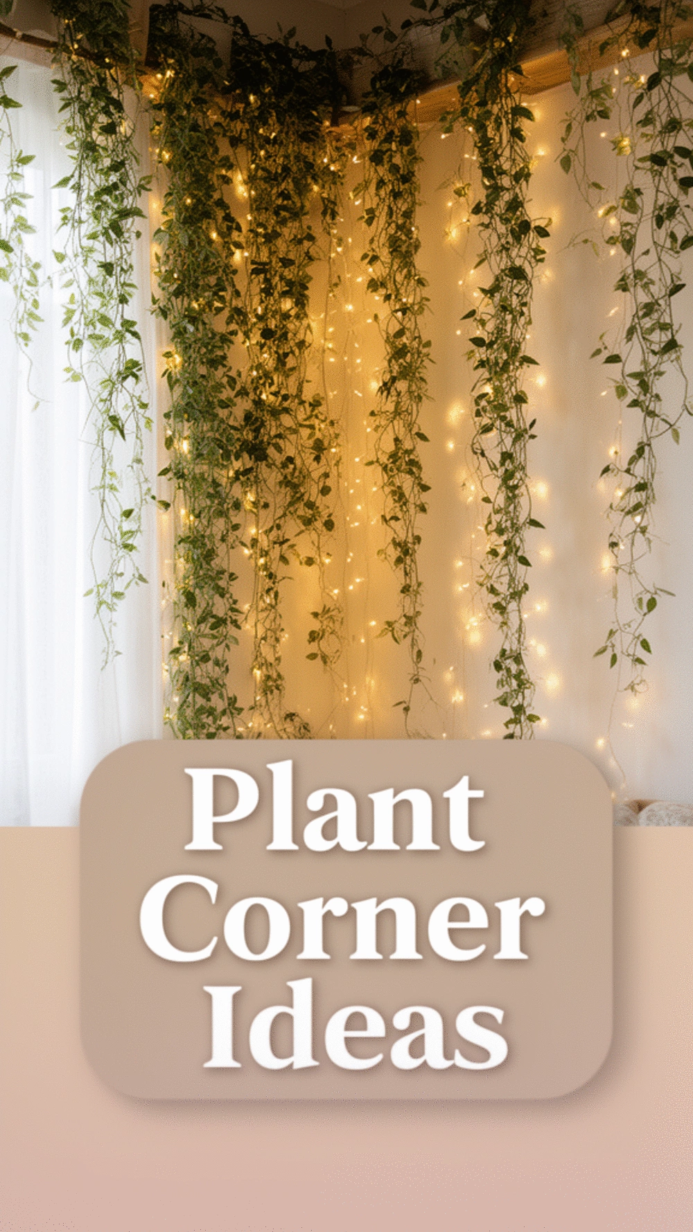 Living Room Plant Corner with Fairy Lights Draped Around Trailing Vines
