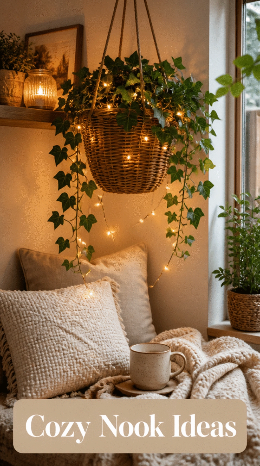 Wicker Hanging Planter Paired with Warm Fairy Lights for a Boho Cozy Nook