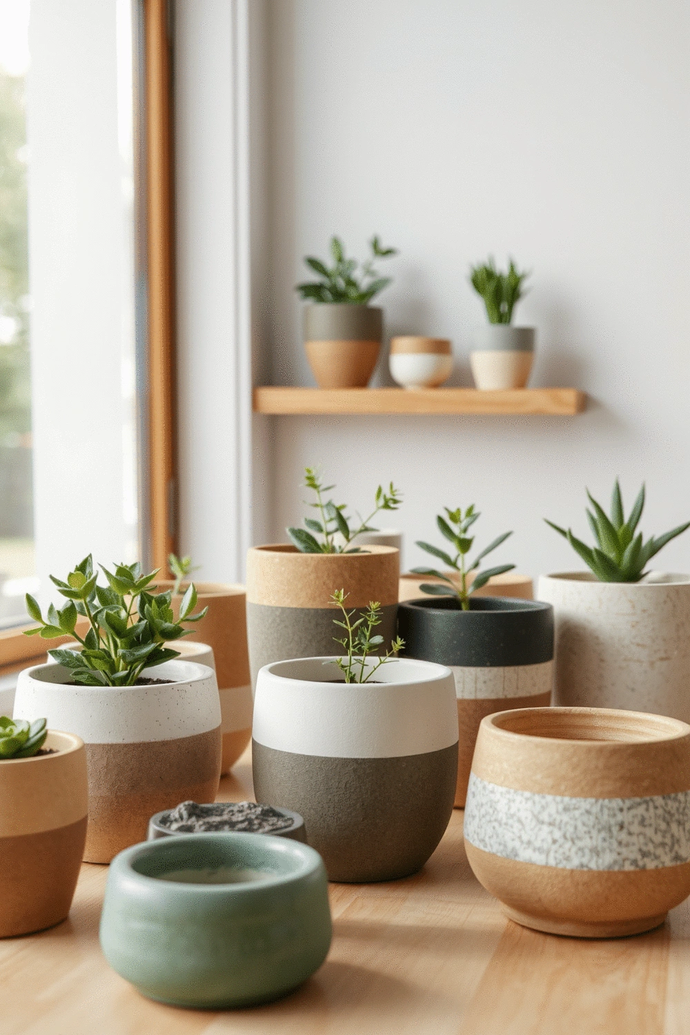 Assortment of eco-friendly planters made from recycled materials, varying in size and muted colors, arranged on a light wooden surface with small green plants inside.