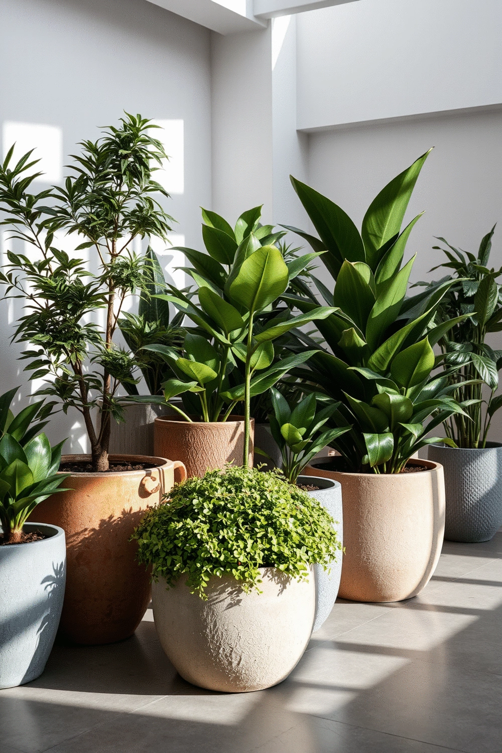 Various oversized plants in different planters arranged in a modern interior