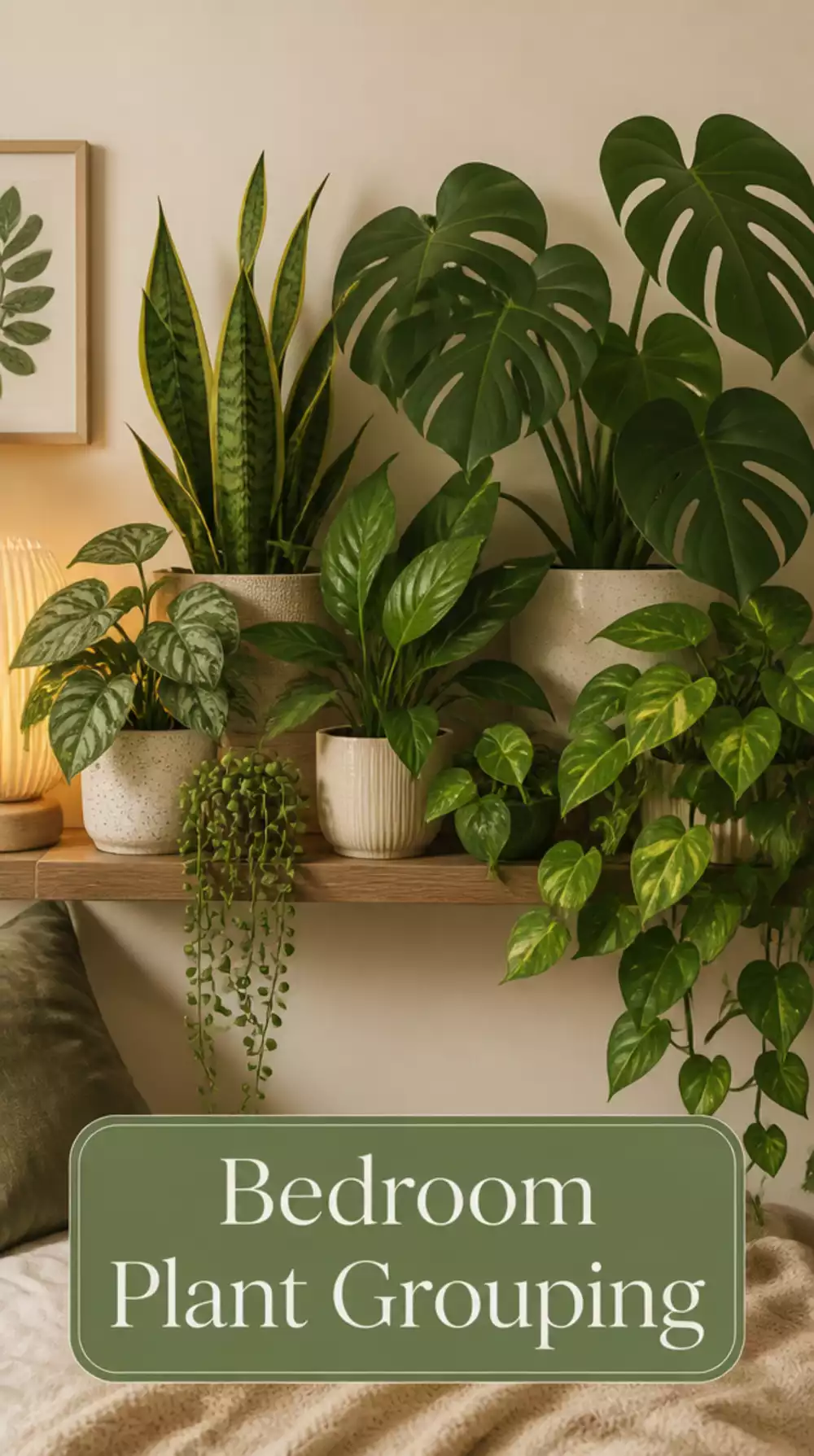 Bedroom Plant Grouping on a Floating Shelf That Layers Different Leaf Shapes and Sizes