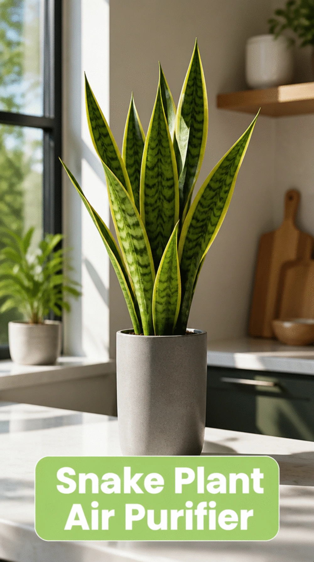 Snake Plant in a Slim Pot on a Kitchen Counter That Purifies Cooking Air