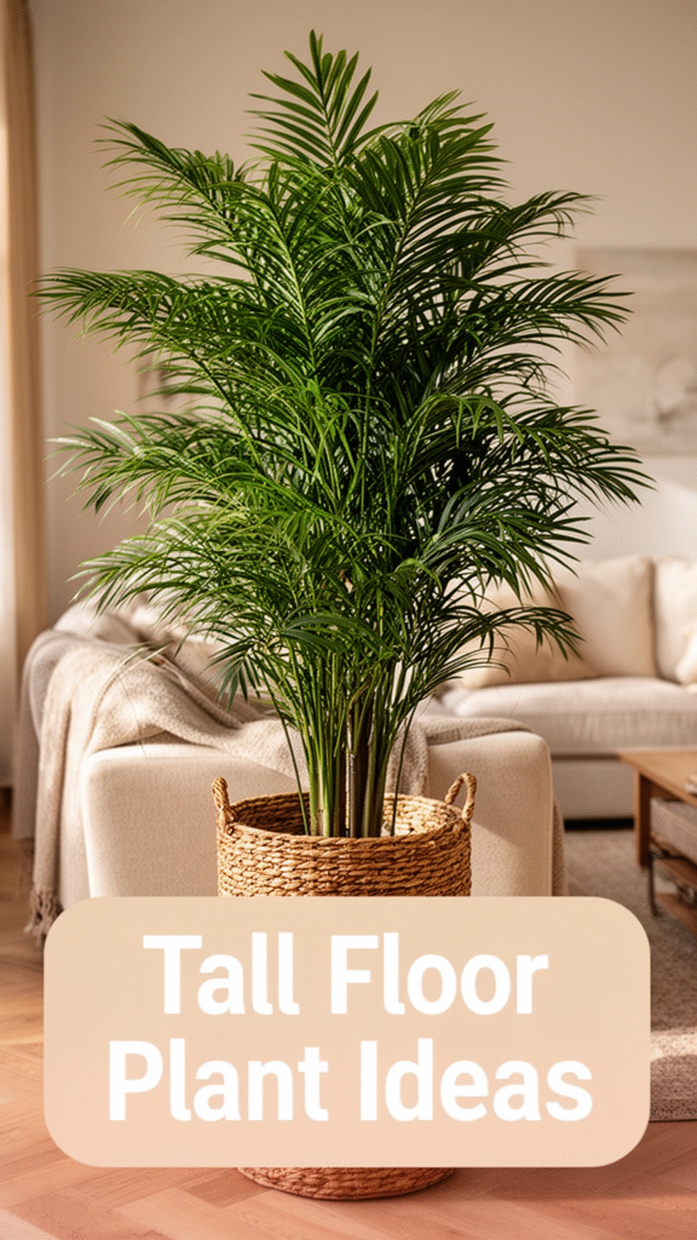 Tall Floor Plant in a Wicker Basket That Anchors a Living Room Corner