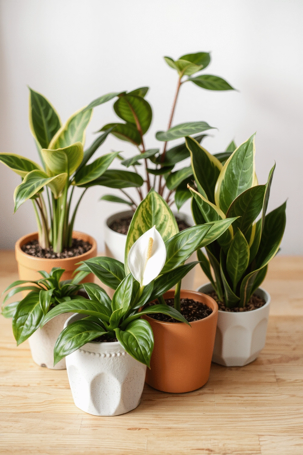 Assortment of popular low-light plants like a peace lily and snake plant in decorative pots, arranged aesthetically.