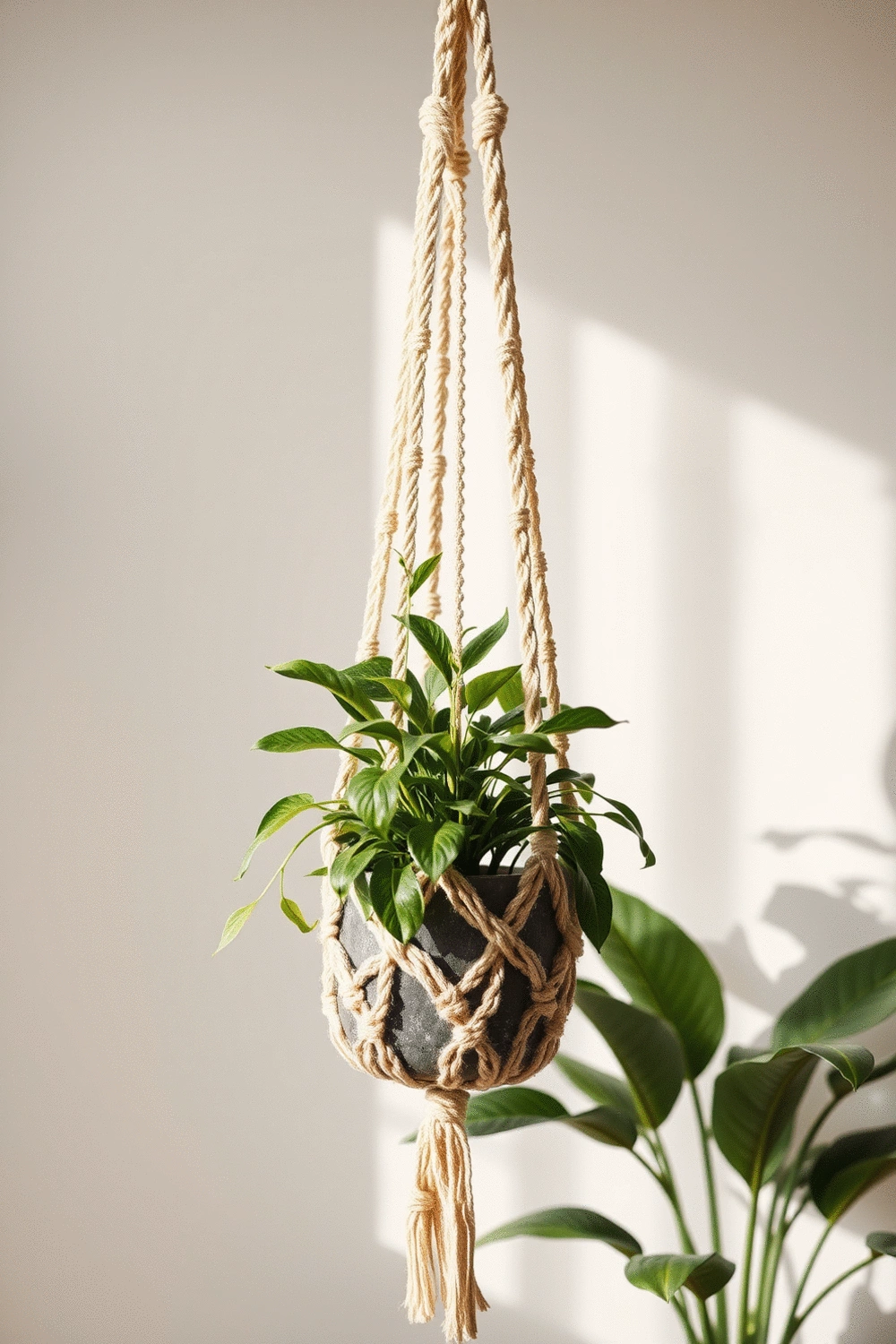 Macrame plant hanger with a lush green plant, showcasing bohemian aesthetic and intricate knot work