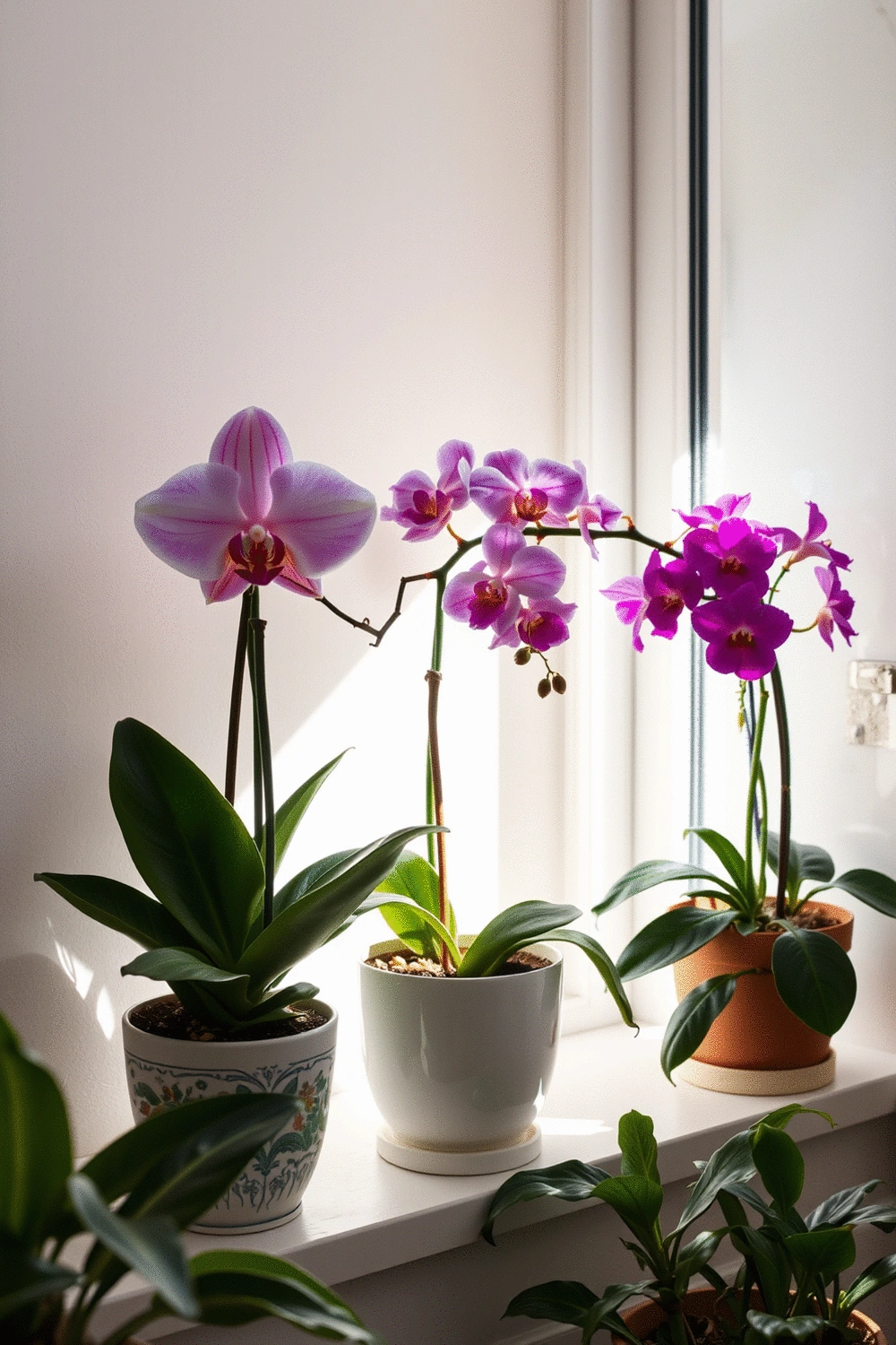 A collection of vibrant flowering indoor plants in decorative pots on a sunlit windowsill, creating a warm and inviting atmosphere.