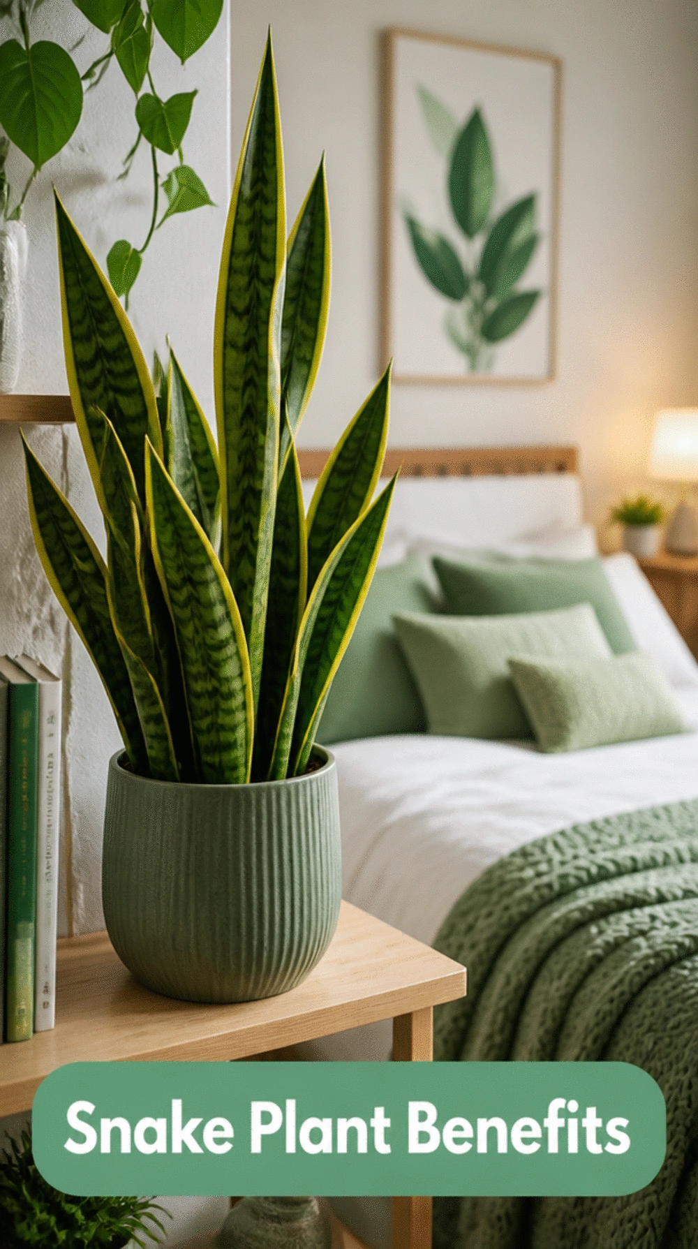 Snake Plant on a Bedroom Shelf That Releases Oxygen Through the Night