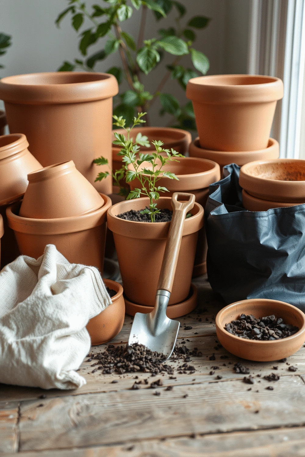 A collection of various terracotta pots and gardening tools, including a small spade and a bag of potting soil, arranged on a wooden surface with soft natural light