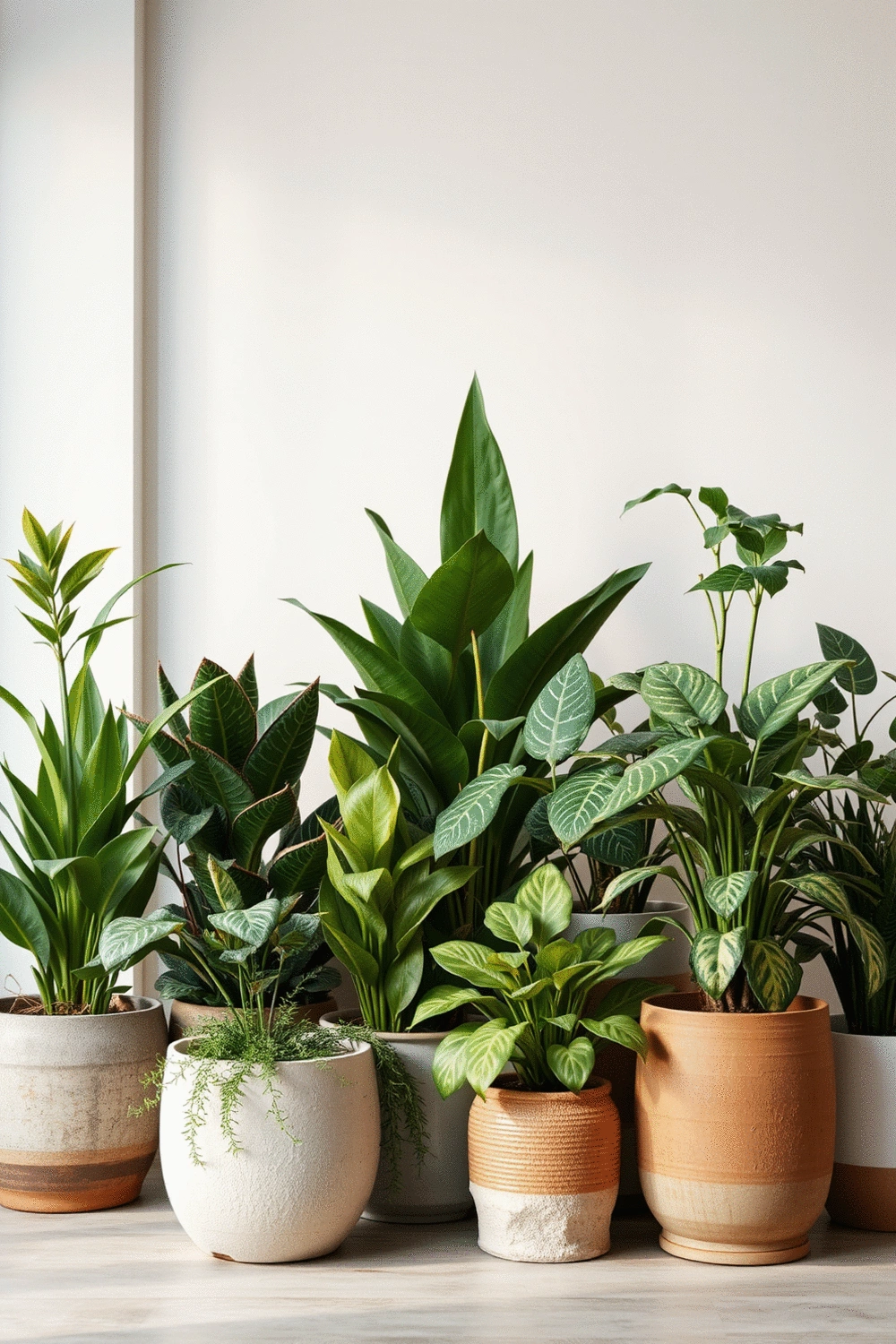 An arrangement of various potted plants of different heights and textures, creating a natural room divider in a modern home, with soft, diffused lighting.