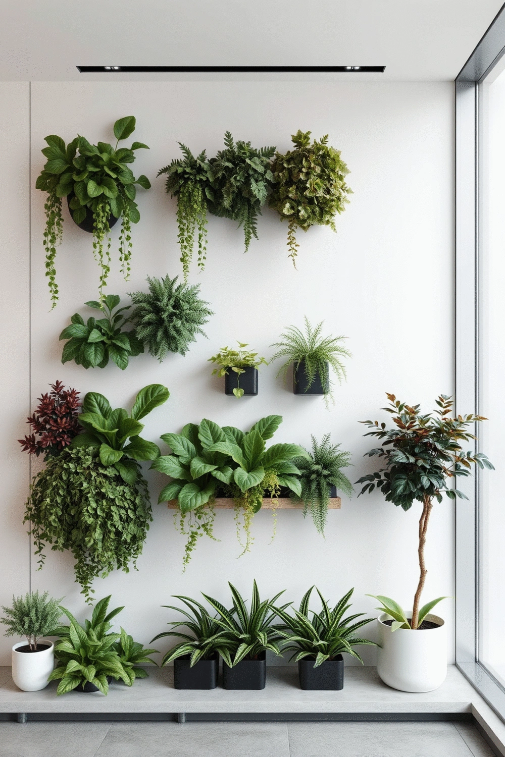 Architectural rendering of a vertical garden layout showing different plant types and textures on a wall, no people