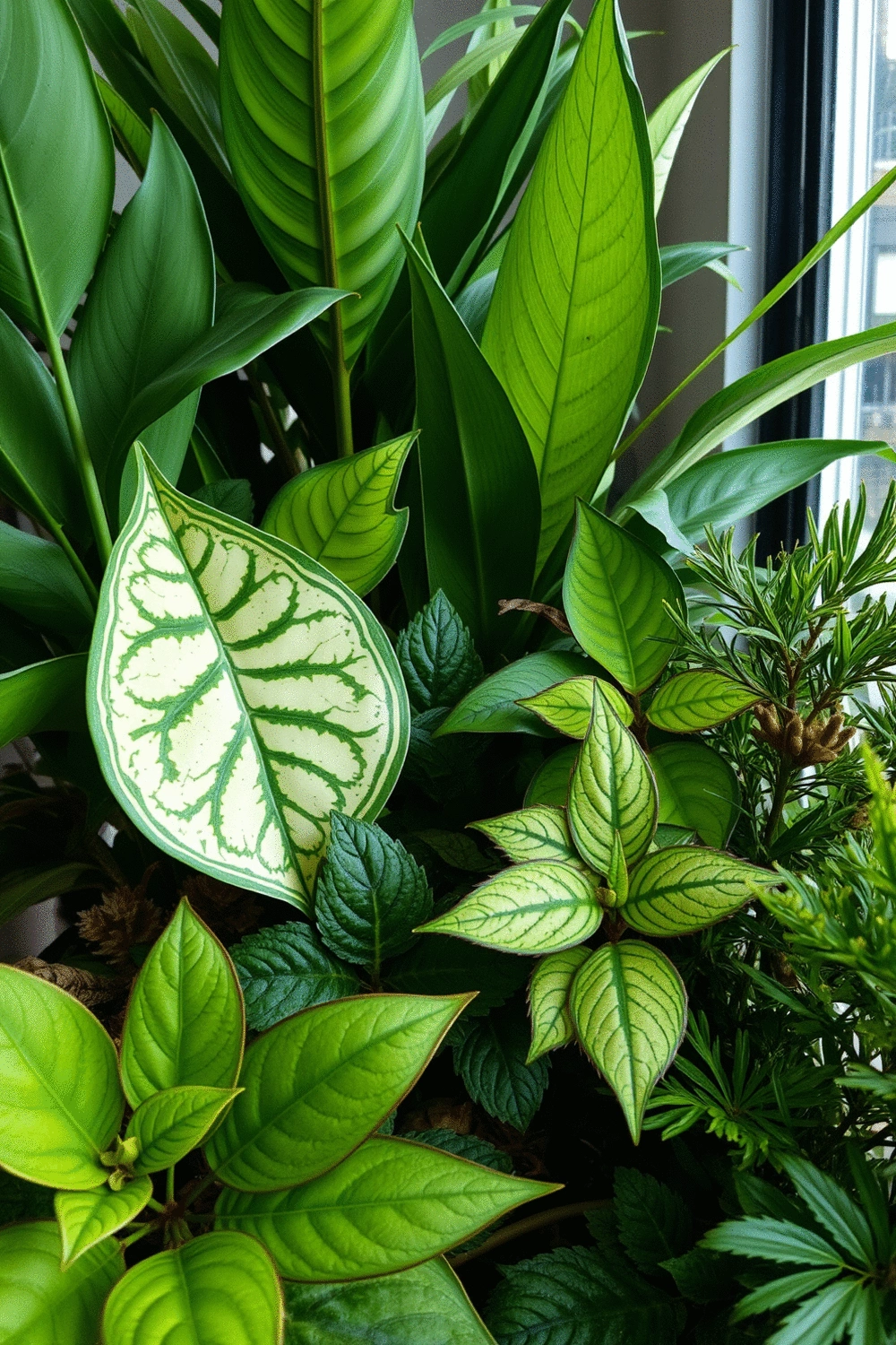 Close-up of diverse plant foliage in an indoor setting, showing different leaf shapes and colors, no humans