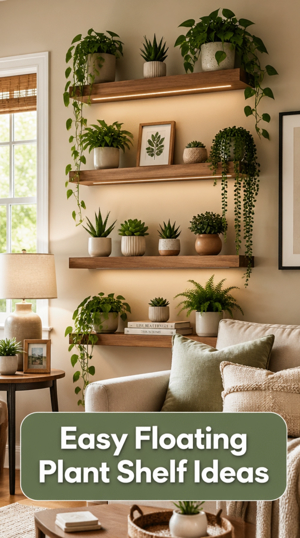 Living Room Floating Plant Shelf Row That Creates a Layered Green Wall Effect