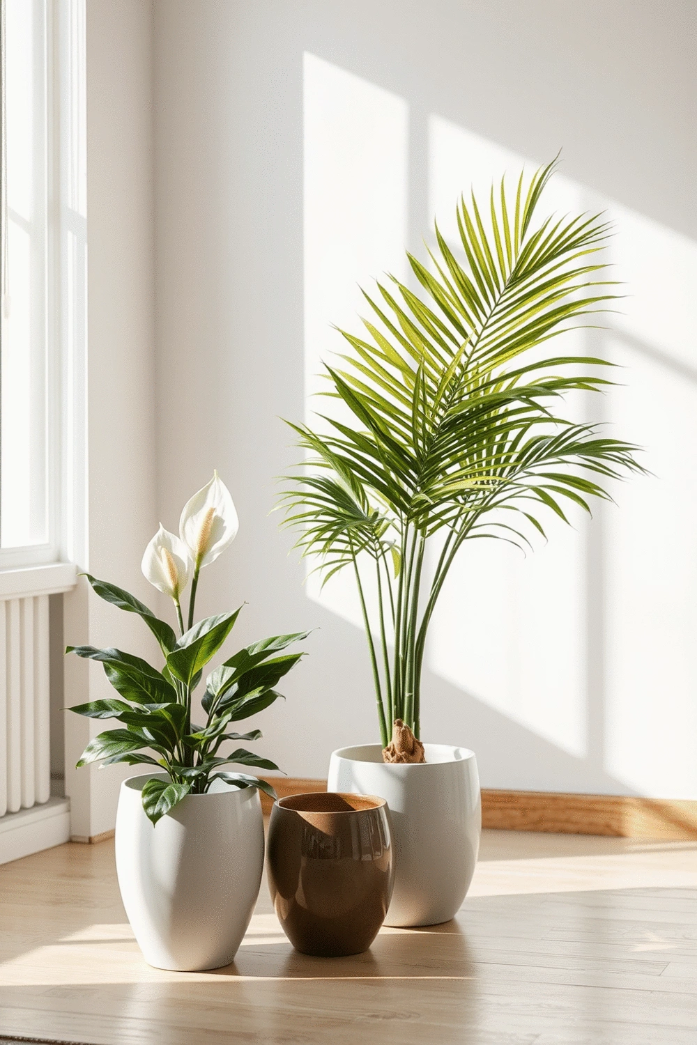 A stylish indoor plant setup featuring a peace lily and an areca palm in elegant ceramic pots, complementing modern home decor in a sunlit room.