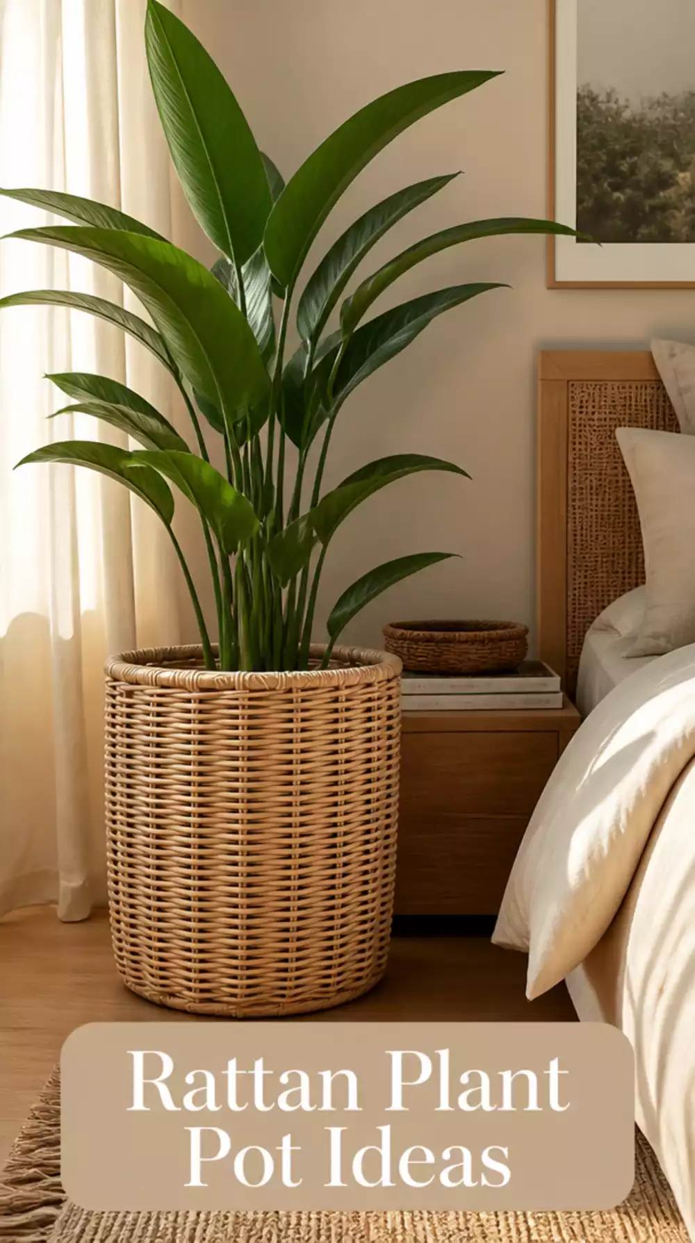 Bedroom Rattan Plant Pot Cover That Adds Warmth to a Neutral Styled Corner