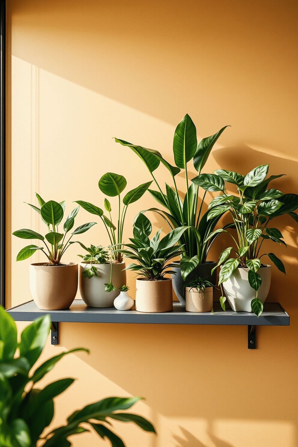 A sleek, modern shelf adorned with a variety of green houseplants in stylish pots, emphasizing clean lines and natural light.