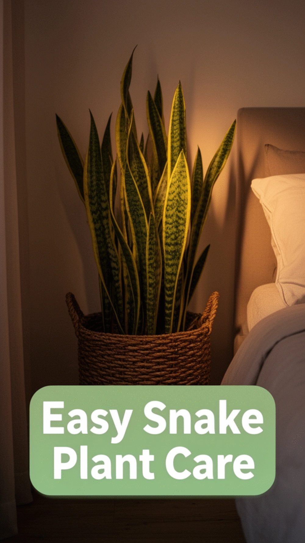Snake Plant in a Woven Basket That Grows in a Dark Bedroom Corner