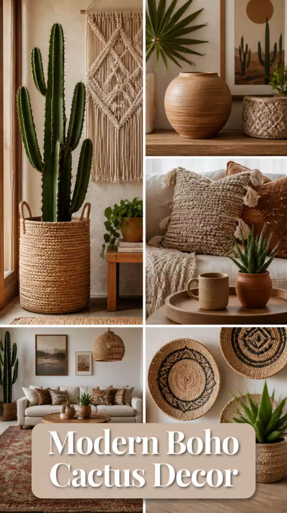 Statement Indoor Cactus in a Tall Woven Basket for a Warm Modern Boho Room