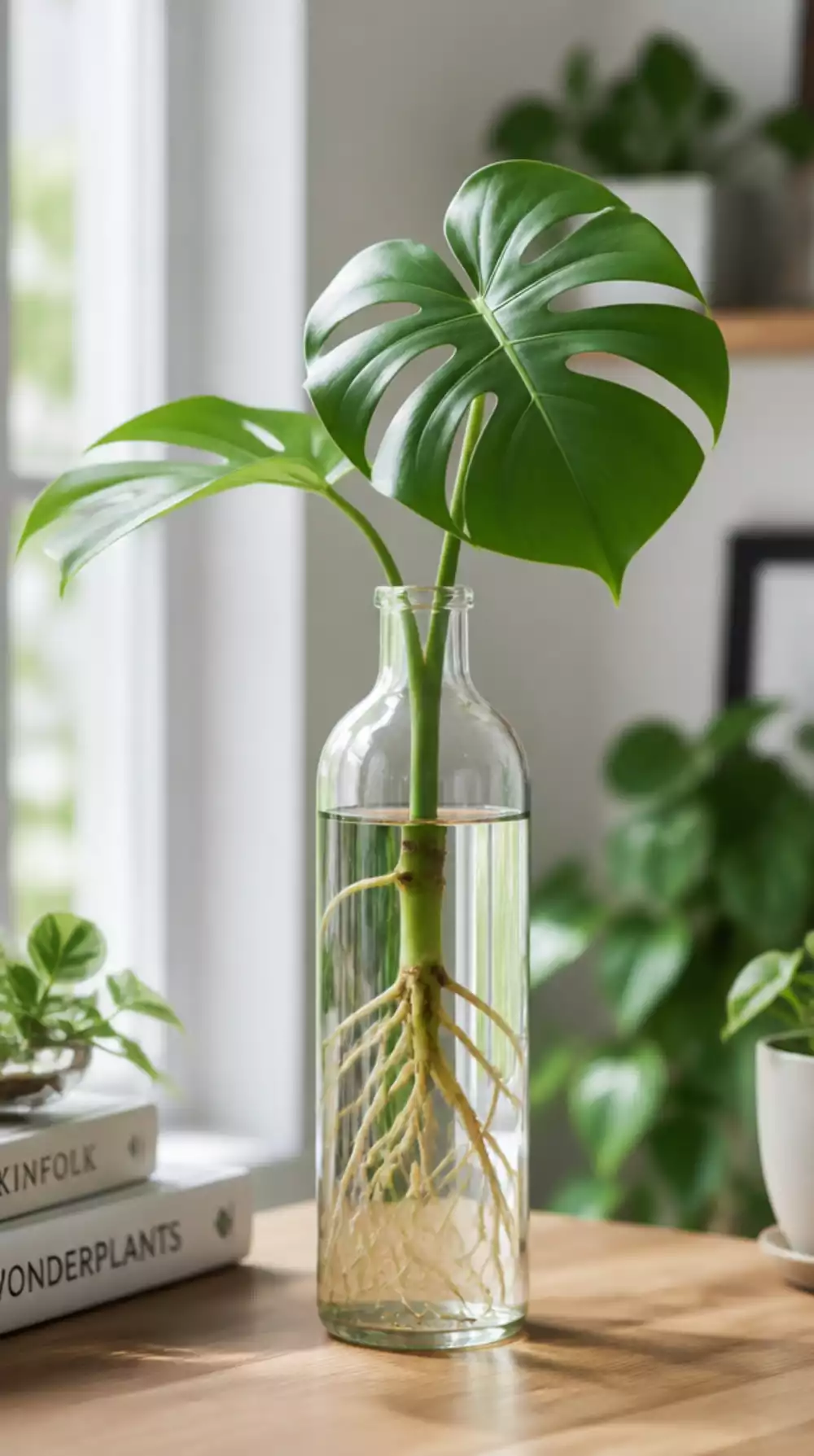 Monstera Cutting in a Tall Glass Bottle That Grows Roots You Can Watch Develop