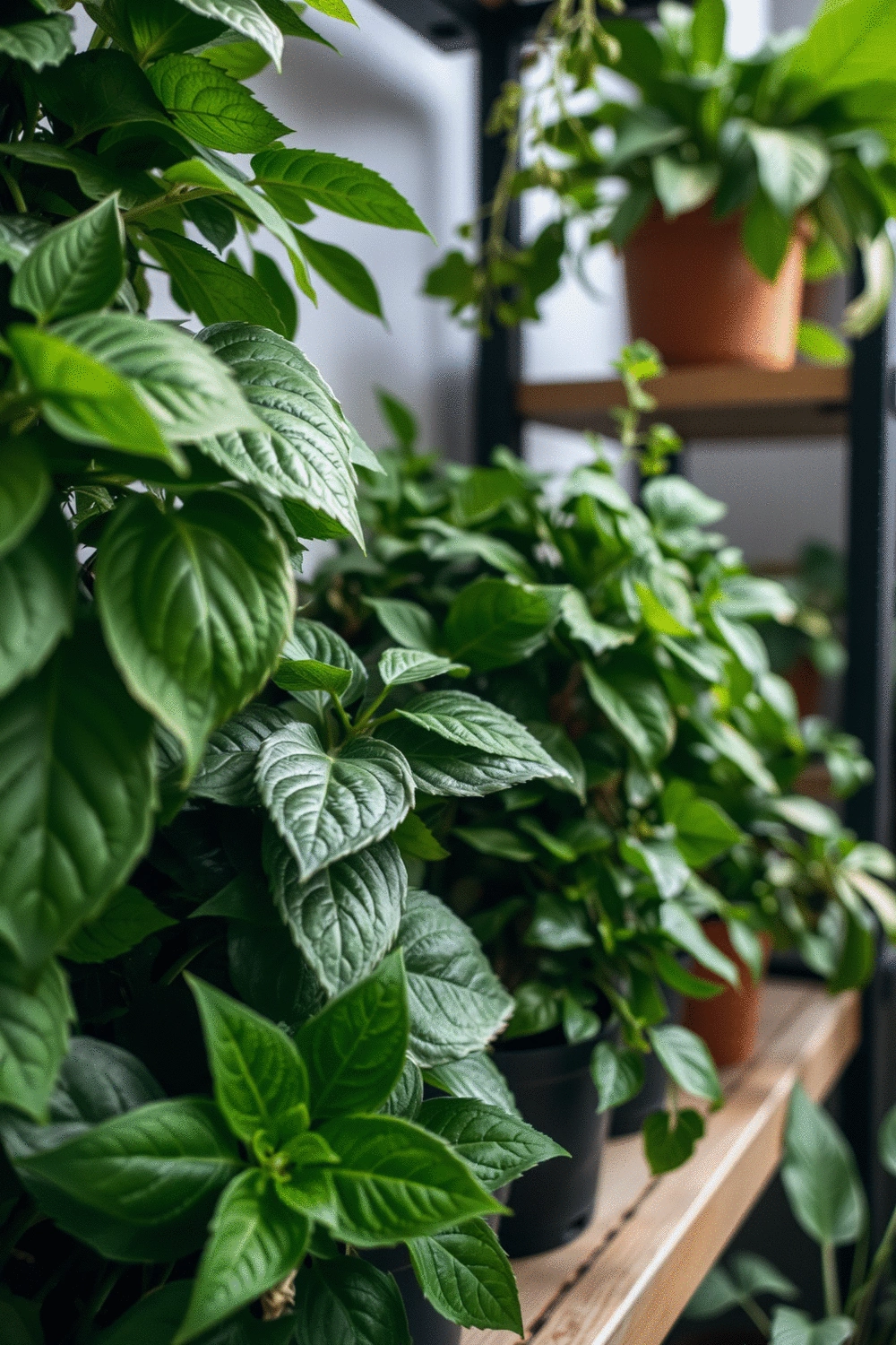 Close-up of a well-maintained plant shelf with various lush green plants, showing healthy leaves and clean pots, indicative of good plant care.