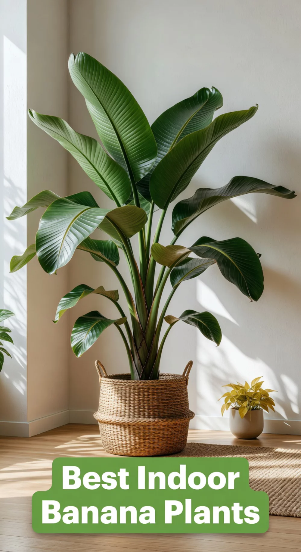 Banana Plant in a Wide Woven Basket That Transforms a Bright Indoor Corner