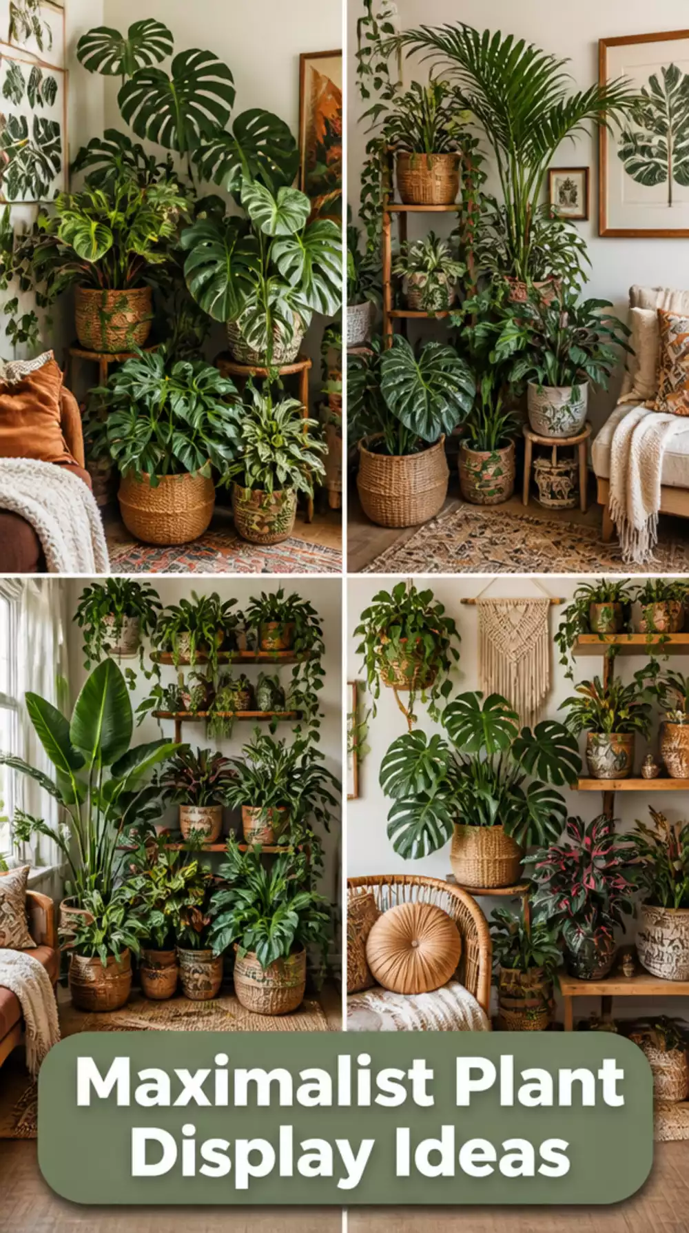 Maximalist Living Room Plant Display That Mixes Tropical Leaves with Woven Textures