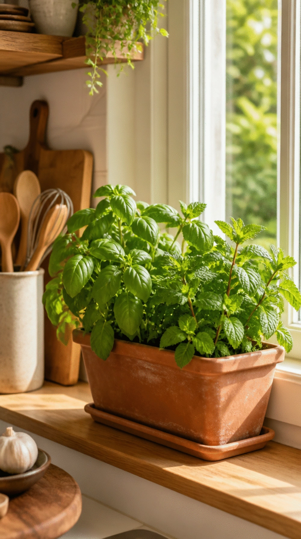 Kitchen Windowsill Herb Planter in Terracotta That Keeps Basil and Mint Fresh