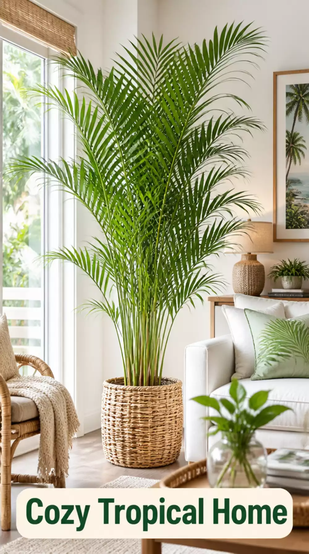 Areca Palm in a Tall Rattan Basket That Fills a Living Room with Soft Tropical Texture