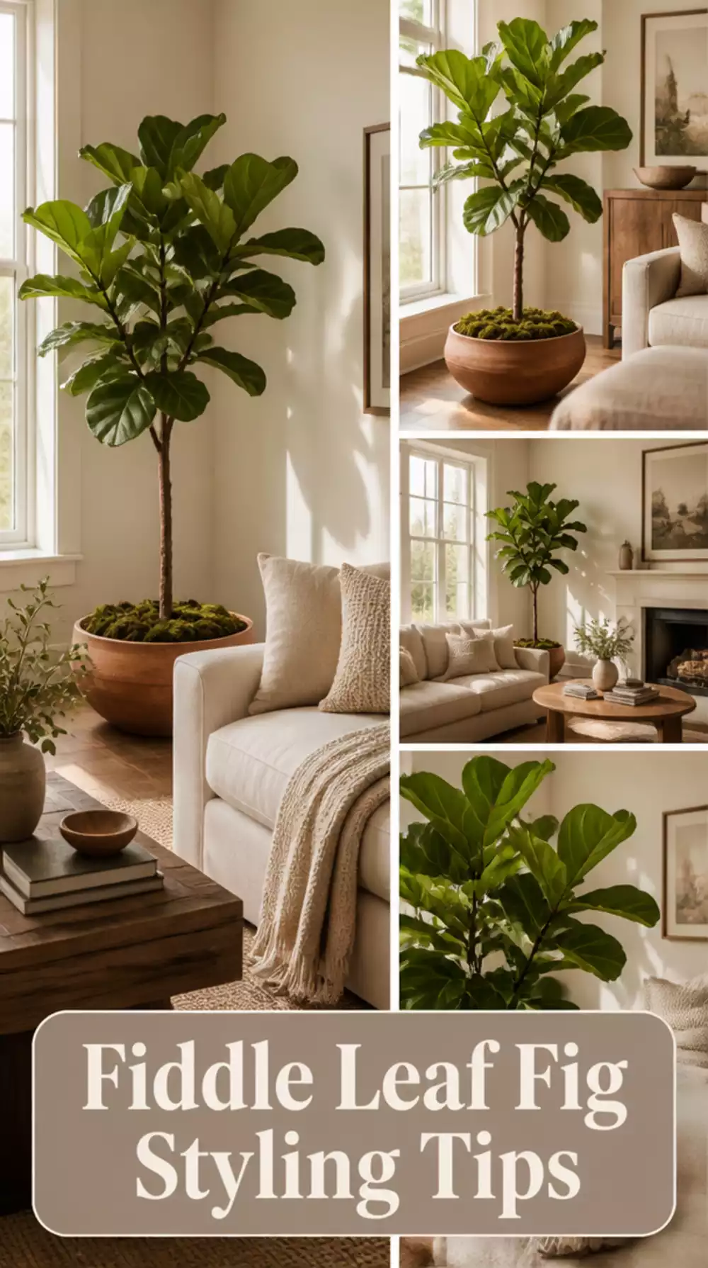 Fiddle Leaf Fig in a Wide Terracotta Bowl Paired with a Neutral Linen Sofa