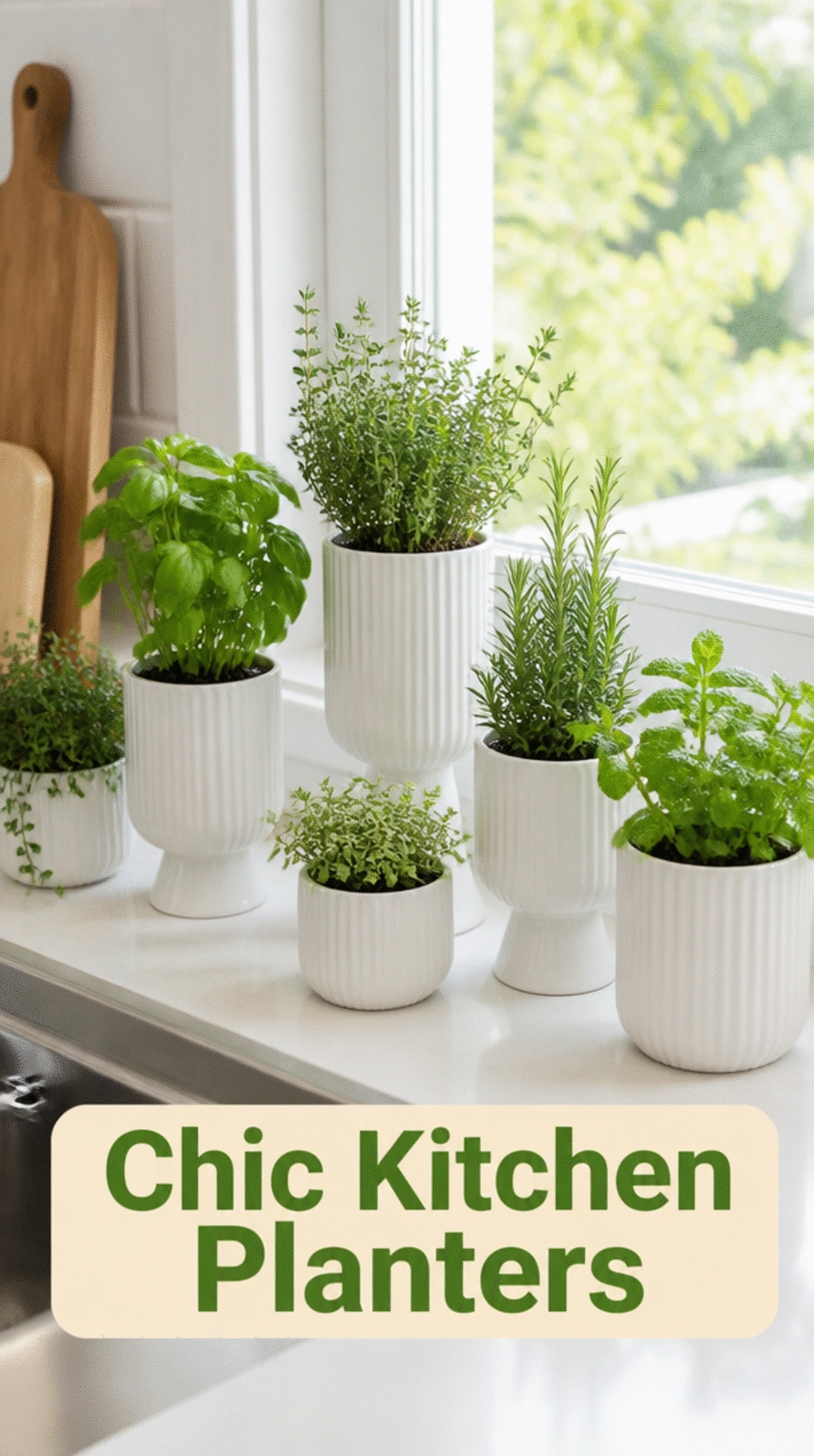 Matching Mini Planter Set in White Ceramic Lined Up Along a Kitchen Window Sill