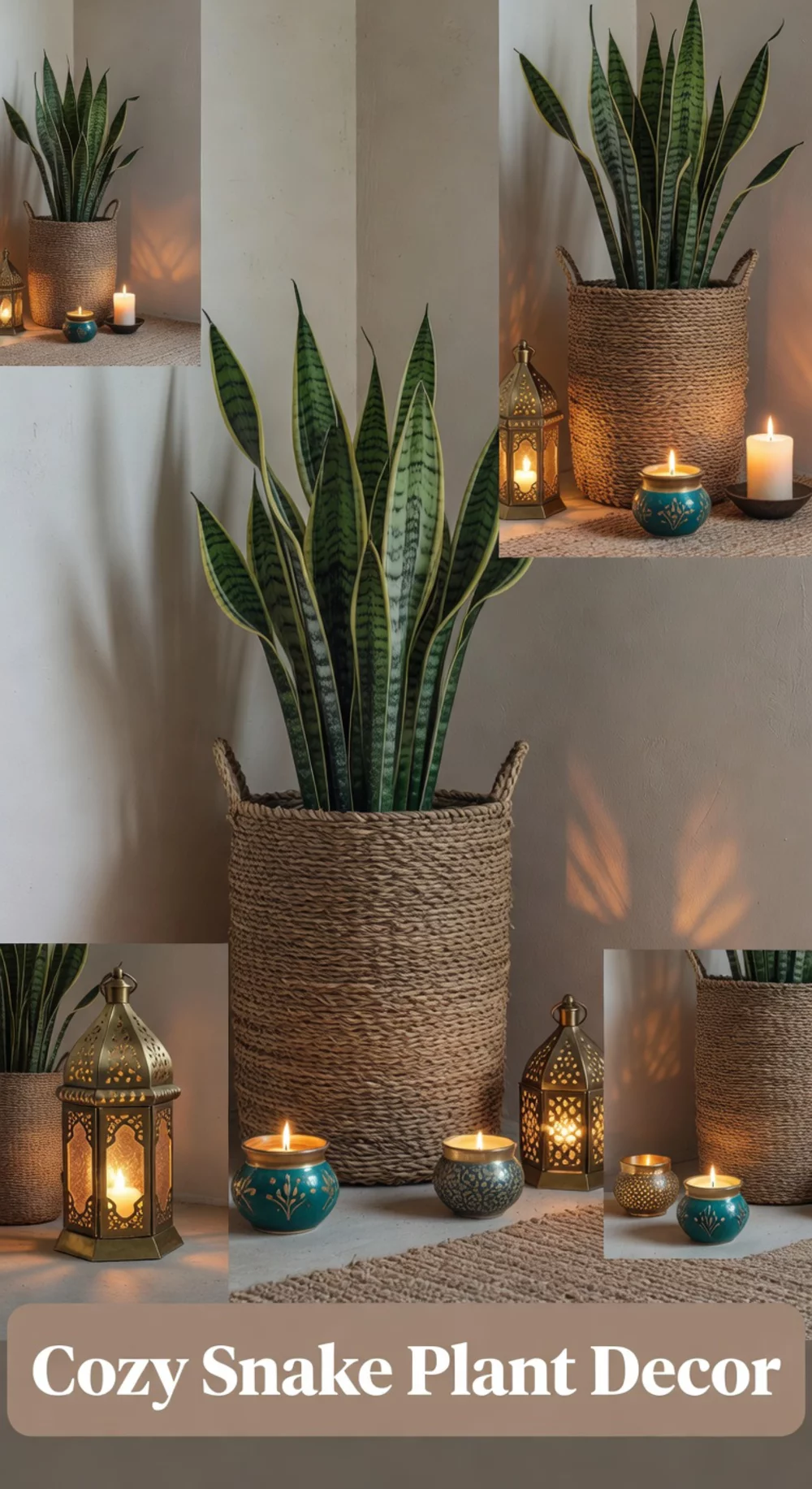 Dark-Room Snake Plant in a Tall Woven Basket Styled with Warm Candlelight