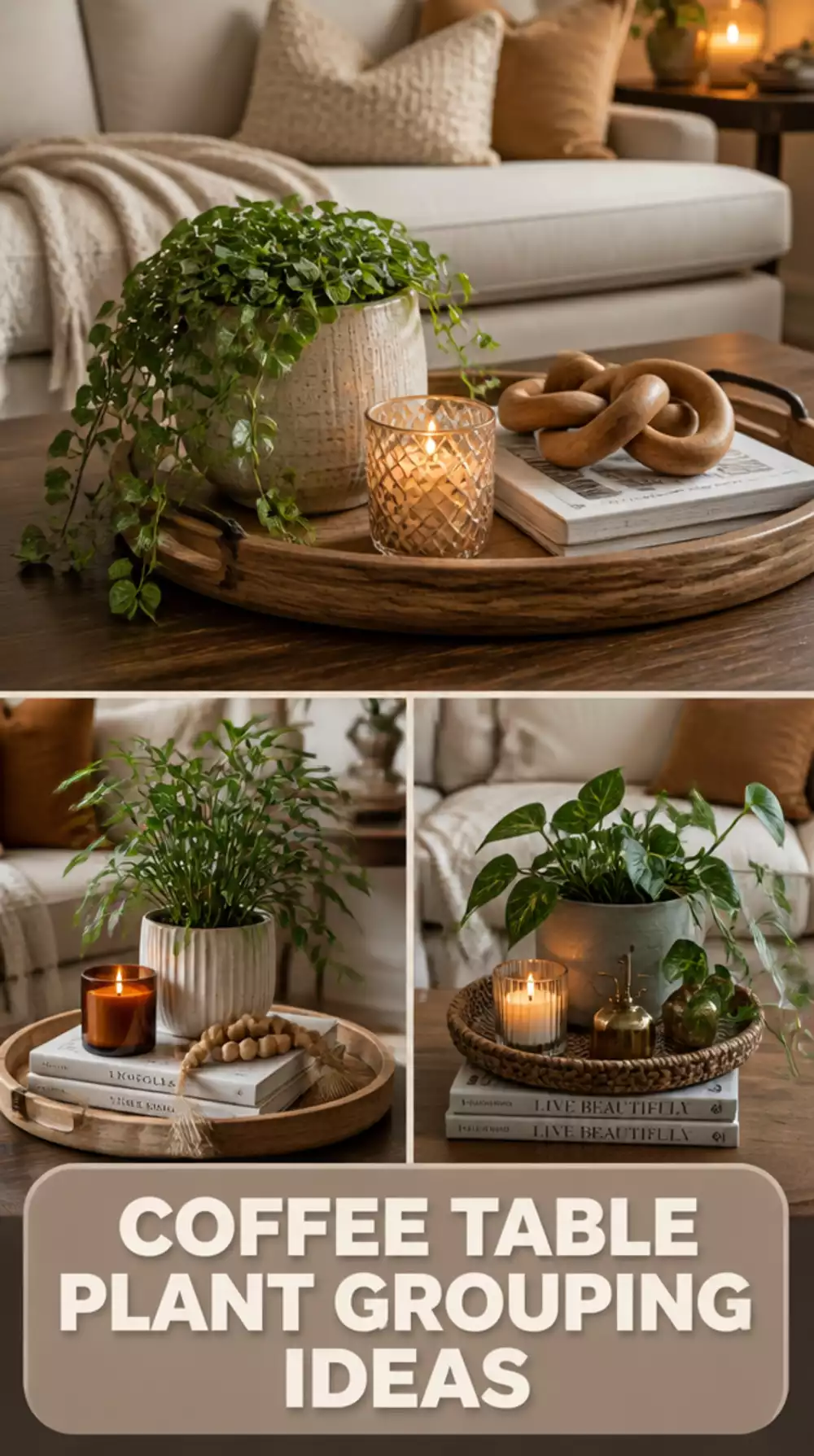 Living Room Coffee Table Plant Grouping with a Trailing Plant, a Candle, and a Wooden Tray