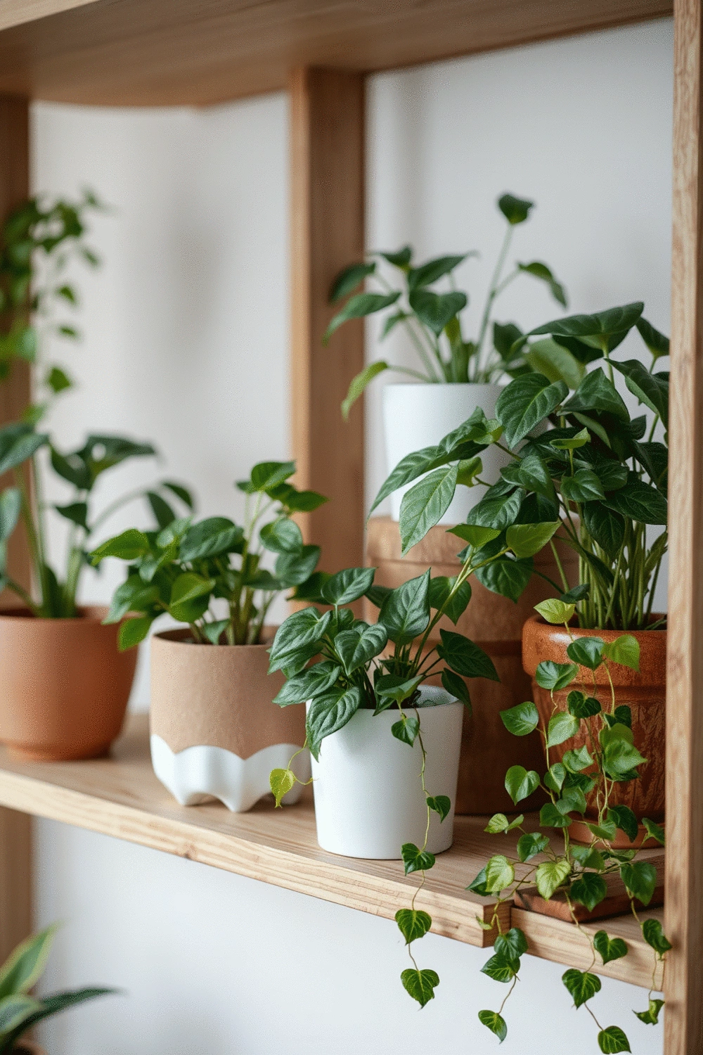 A collection of various trailing plants (pothos, philodendron) in decorative pots arranged on a minimalist wooden shelf, soft focus background.