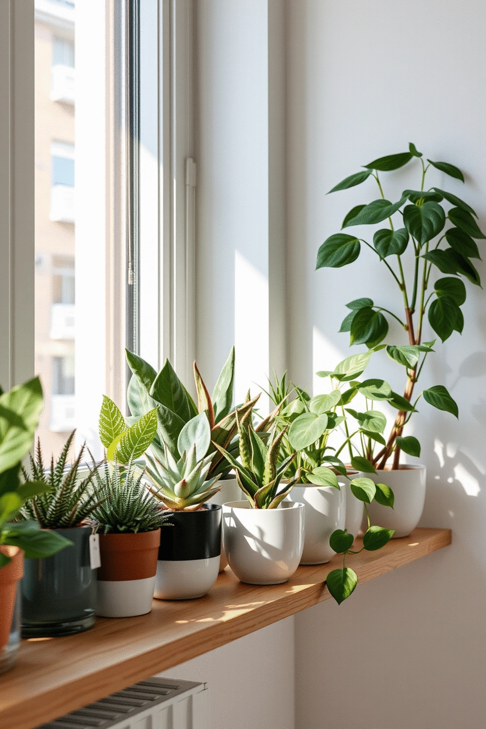 A collection of various healthy indoor plants, including succulents and a peace lily, grouped together on a shelf next to a window, illustrating grouping plants by watering needs.