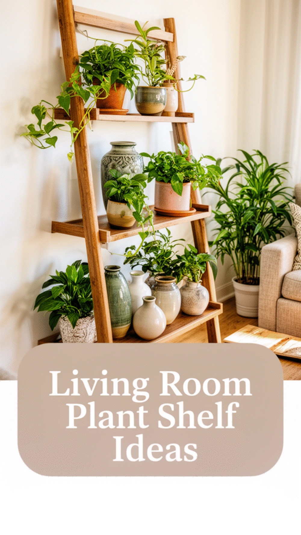 Living Room Ladder Shelf Styled with Potted Plants and Ceramic Vases