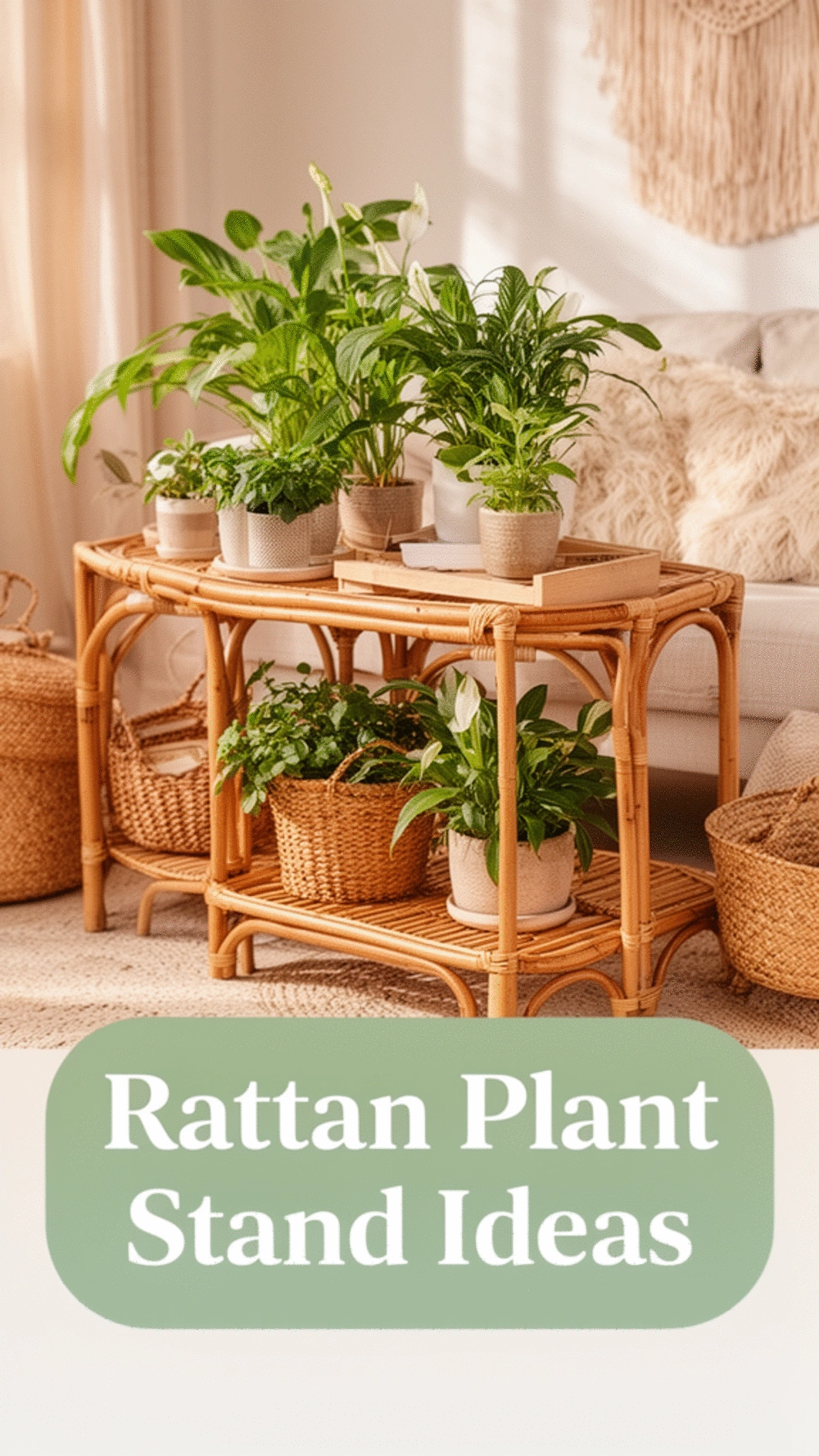 Rattan Plant Stand with Lower Shelf for a Natural Boho Indoor Garden