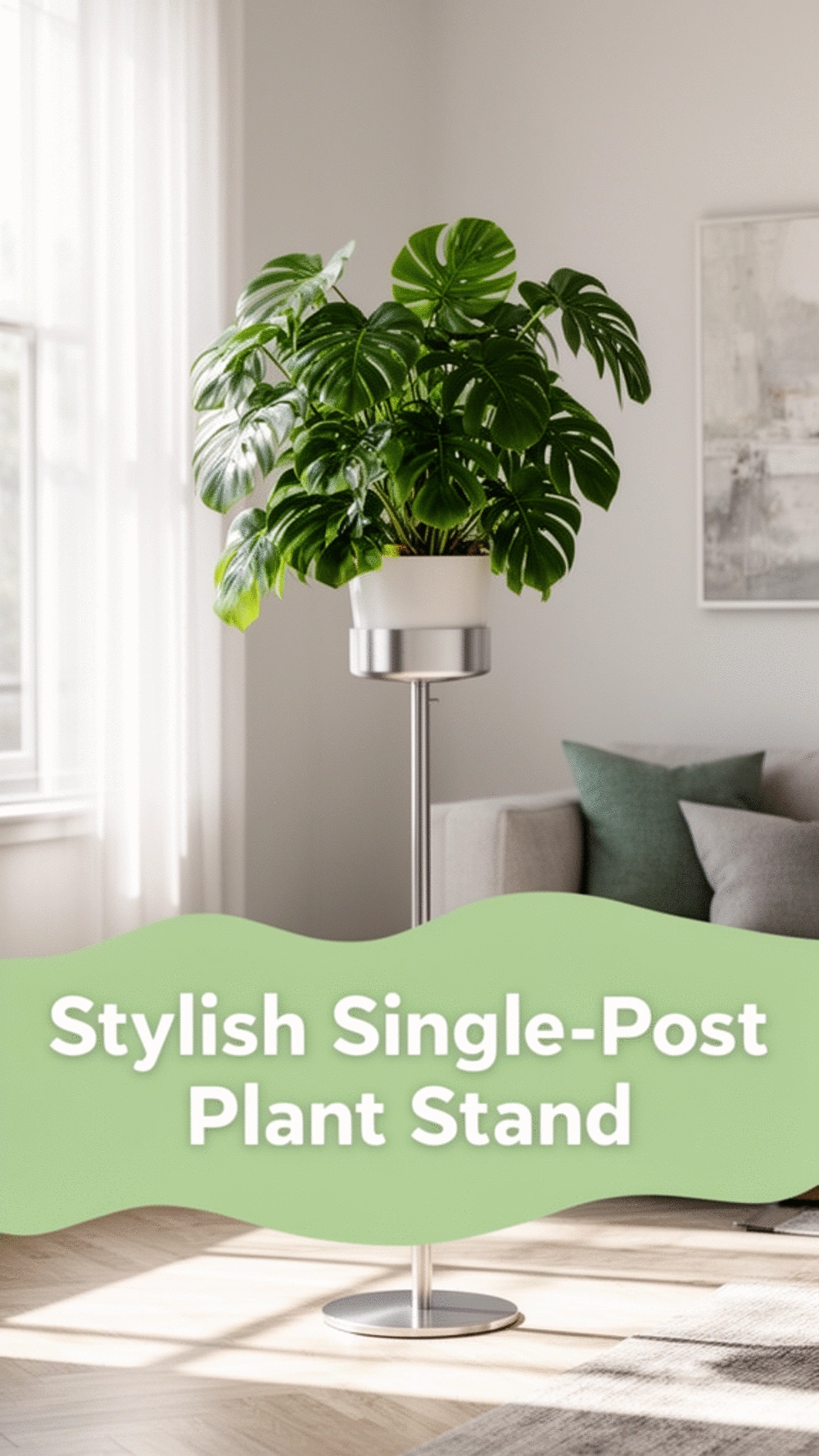 Living Room Tall Single-Post Plant Stand for a Floor-Level Monstera