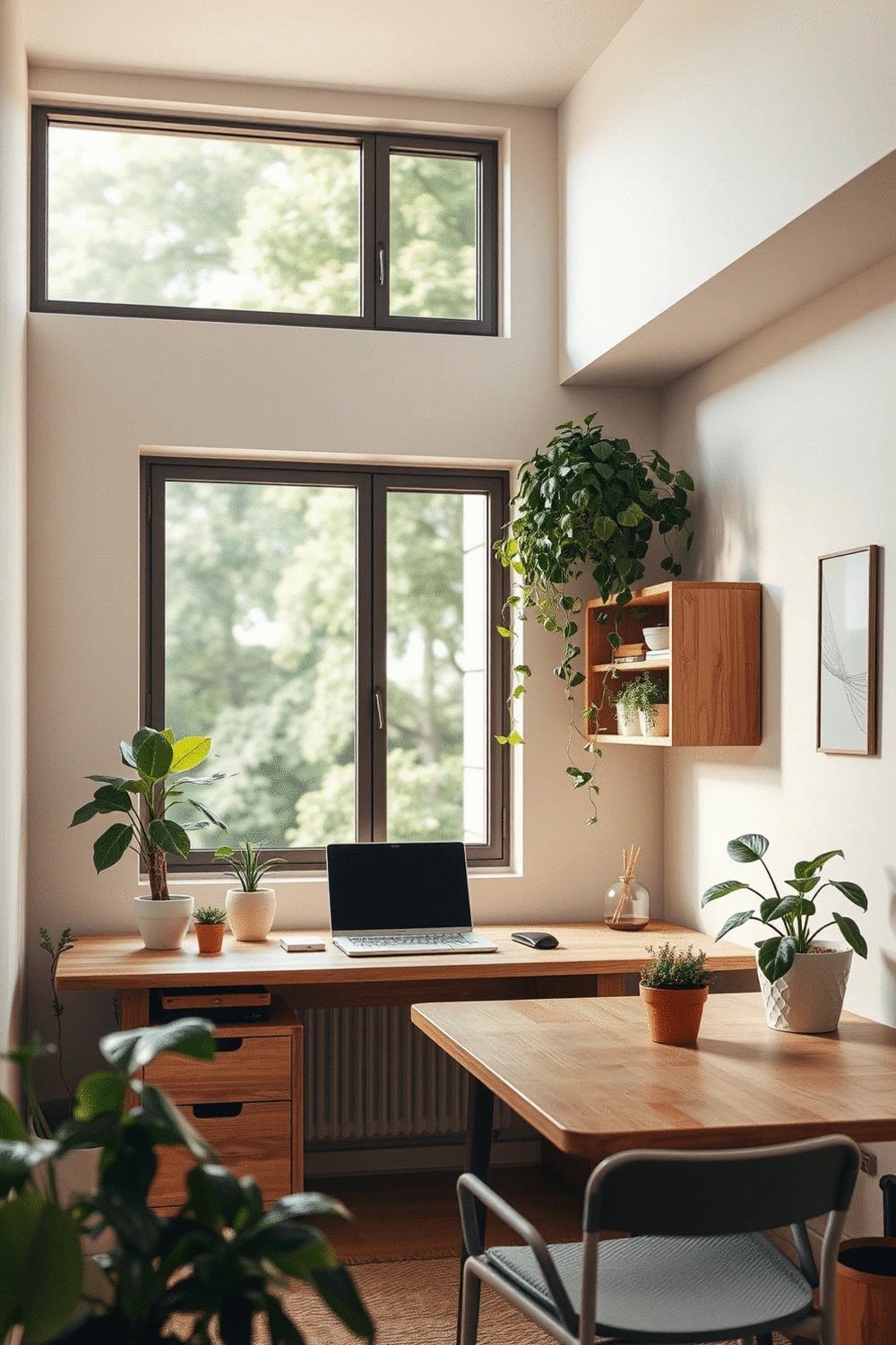 Interior of a minimalist home office with a large window, natural wood desk, and several potted plants, creating a calm, grounded atmosphere.