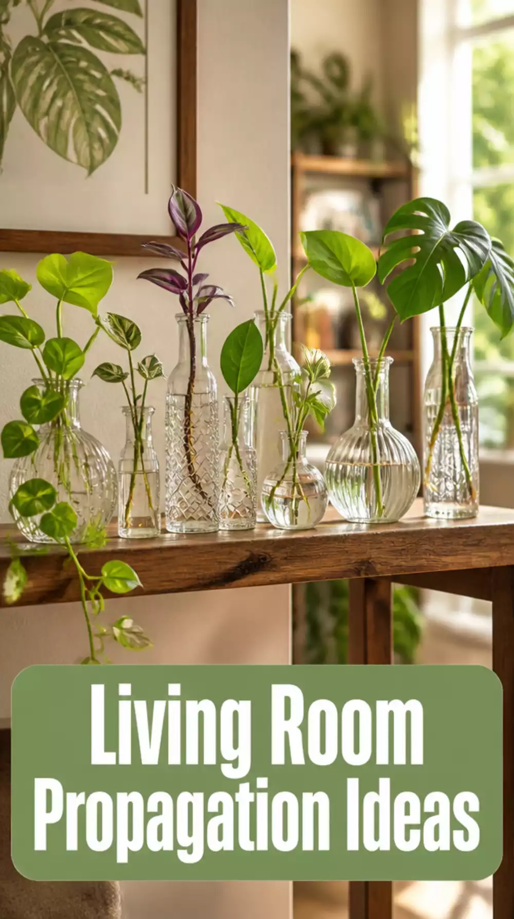 Living Room Propagation Station with Glass Bud Vases Lined Up on a Wooden Shelf
