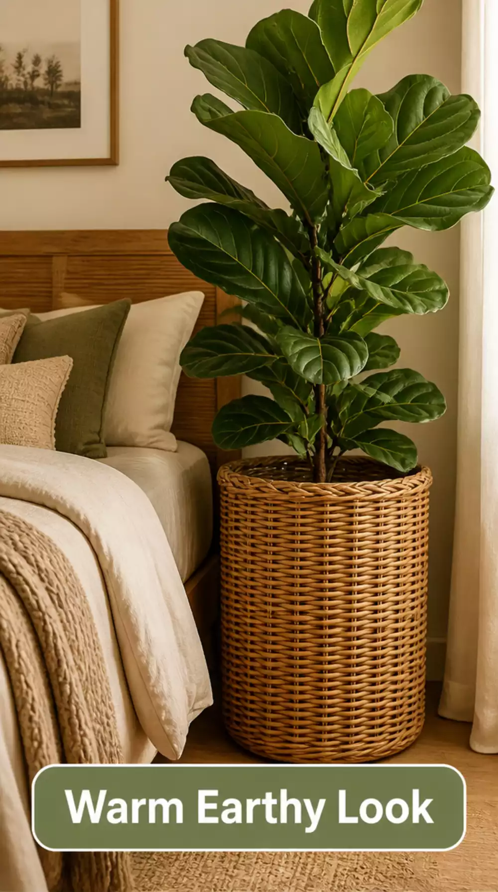 Bedroom Corner Fiddle Leaf Fig in a Tall Rattan Basket for a Warm Earthy Look