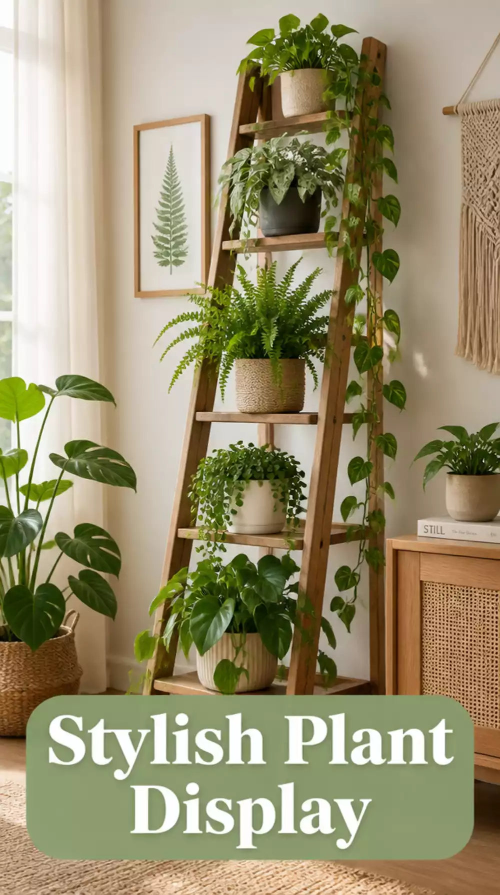 Leaning Wooden Ladder Used as a Plant Display That Leaves No Marks on Rental Walls