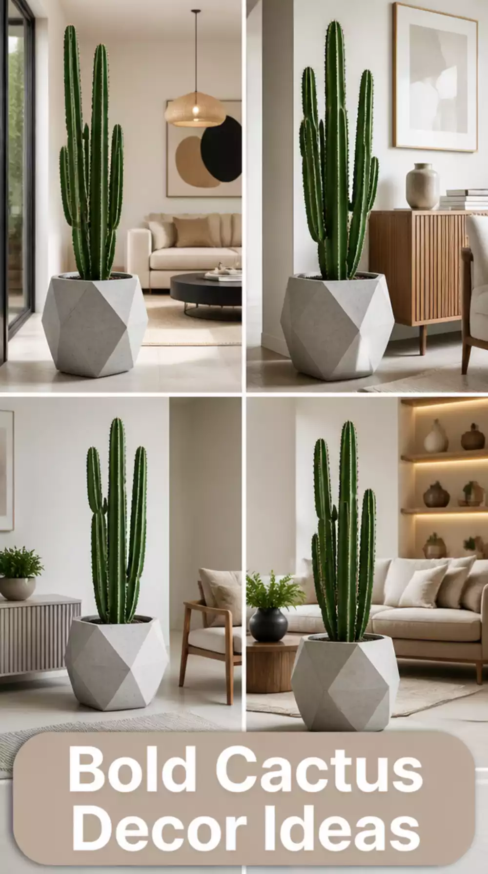 Living Room Large Cactus in a Geometric Concrete Planter for a Bold Architectural Look