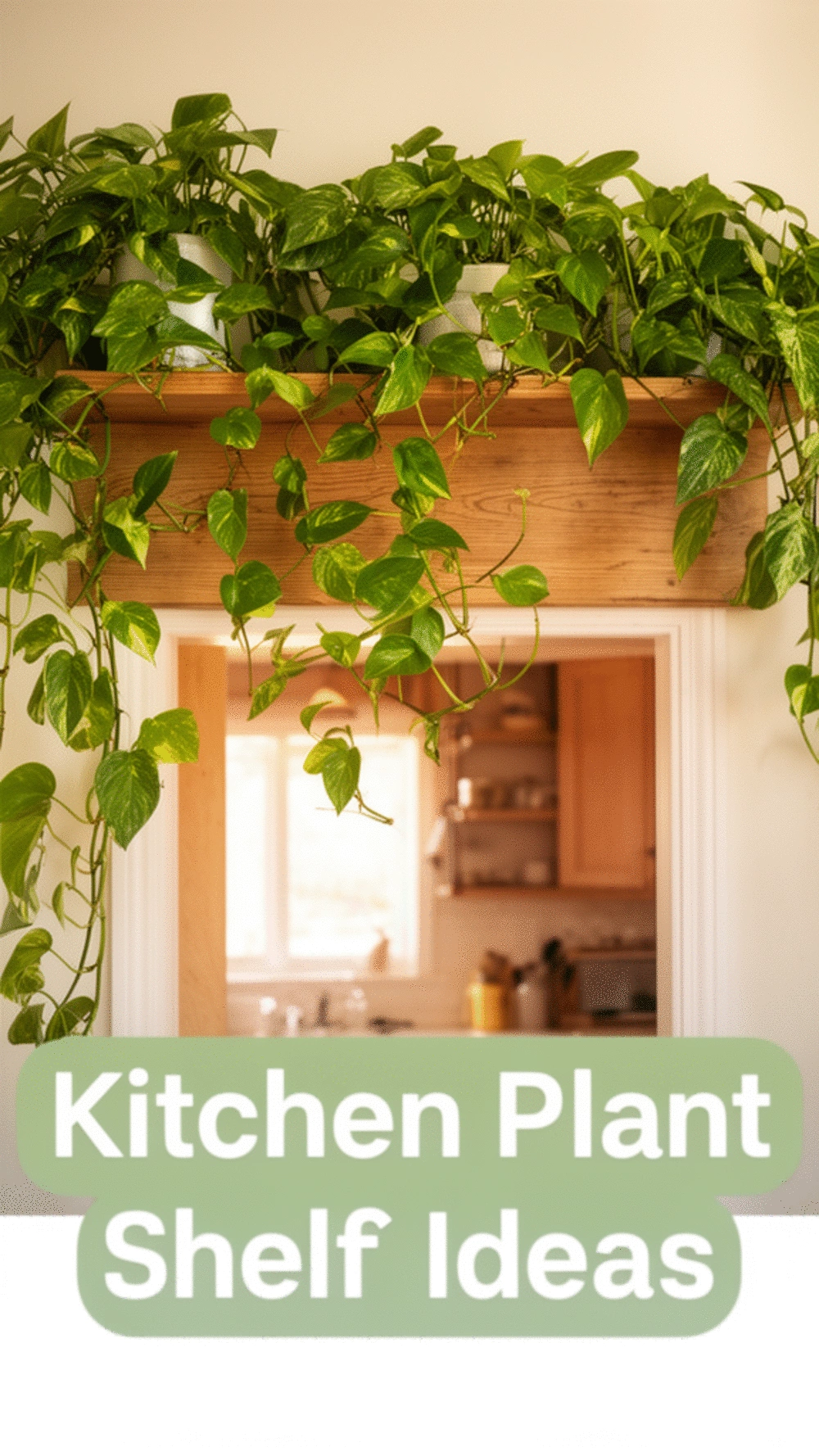 Kitchen Wooden Shelf Above the Doorway for Cascading Vine Plants