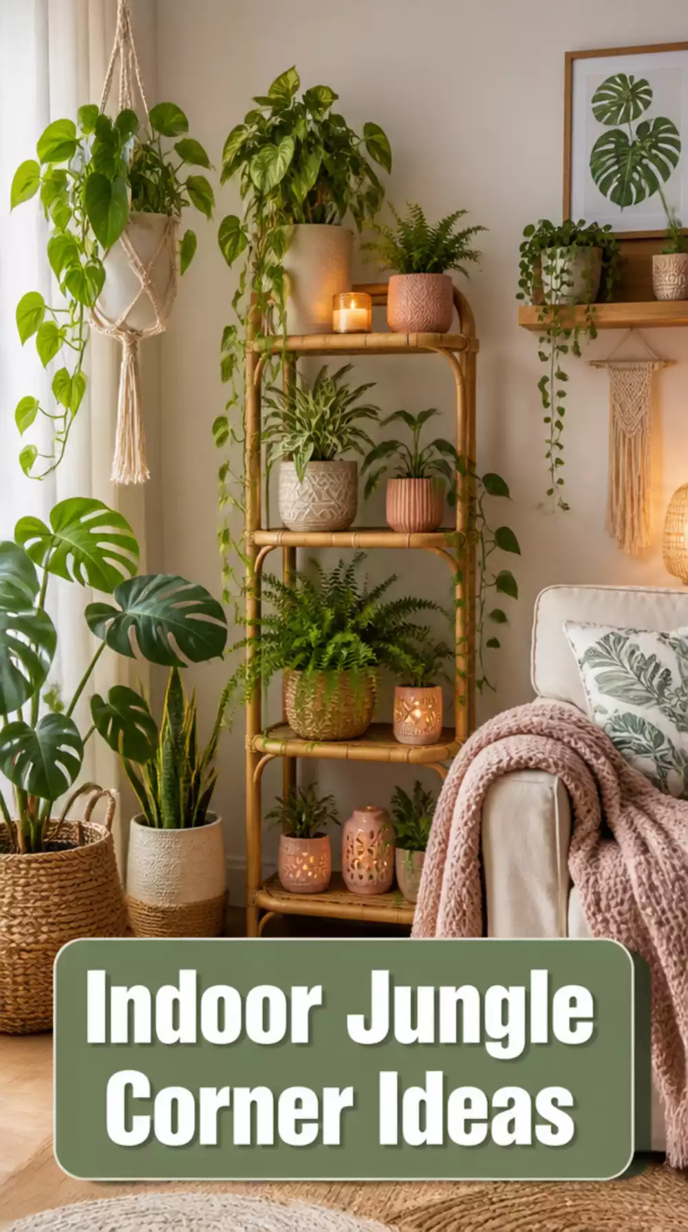 Living Room Indoor Jungle Corner with Floor Plants- Shelf Plants- and Hanging Vines